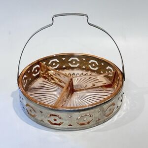 Vintage 30s Jeannette Pink Depression Glass Divided Dish in Chrome Carrier